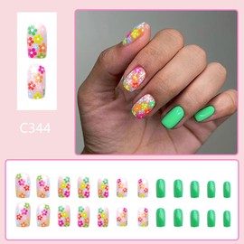 Green Flower Press on Nails Short Square Fake Nails Full Cover Small Daisy Flowers False Nail Tips Acrylic Spring Glue on Nails Glossy Artificial Nails for Women Cute Floral Nail Art Decorations 24pcs
