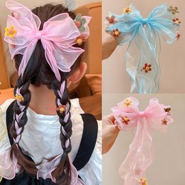 2 PCS Bow Knot Hair Clips Princess Hair Clips with Ribbon Tassels, Long Tail Pink Blue Hairpin Girls Mermaid Party Cosplay Birthday Hair Decortion Accessories (Flowers)