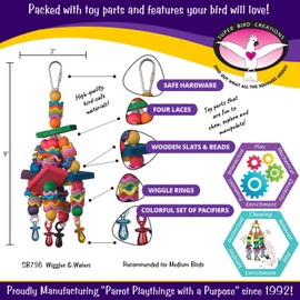 Super Bird Creations SB736 Wiggles and Wafers Colorful Chewable Wooden Bird Toy with Blocks and Pacifiers, Medium Size, 3” x 5” x 9”