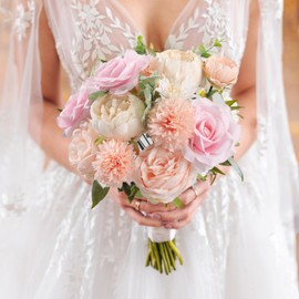 Khyxvbcd 30 Pcs Peonies Artificial Flowers Pink Silk Roses Bulk for DIY Wedding Bouquet Bridal Shower Decorations Fake Floral Arrangements Party Table Centerpieces Home Decor Indoor Blush Peach Box