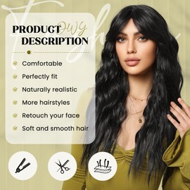 Black Long Wavy Wigs for Women Synthetic Wigs with Curtain Bangs Natural Hair Wig Daily Party Use Heat Resistant