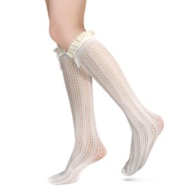 Benefeet Sox Womens Girls White Lace Knee High Socks with Bow Kawaii Frilly Ruffle Mesh Fishnet Knee High Stockings Novelty Fancy Dress Socks Cute Lolita Calf Socks See Through Transparent Socks