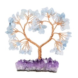 Cheungshing Heart Love Crystal Money Tree of Life with Natural Amethyst Cluster Crystal Base Spiritual Room Decoration for Reiki Feng Shui Good Luck Aquamarine