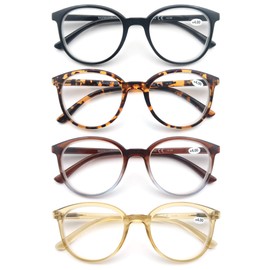 Women Reading Glasses 4Pack Large Round Frame Readers Spring Hinges with 4 Pouch