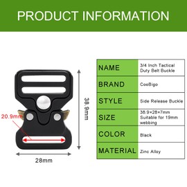 3/4 Inch Tactical Buckle Tactical Duty Buckle Replacement, 2Pack Paracord Bracelet Buckles Metal Buckle Clip for Dog Collar, Tactical Vest, Backpack Strap Clip Buckle Hardware Accessories,Black