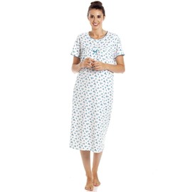 Camille Womens 100% Cotton Floral Nightdress - Ladies Short Sleeved Summer Nightie - Comfortable & Breathable Nightwear with Front Button Fastening Blue 16-18