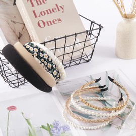 Tomolucky Direct 8PK Women's Headbands, Cute Pearl Floral Padded Wide Vintage Bandana Hair Accessories (8 Pack Black)