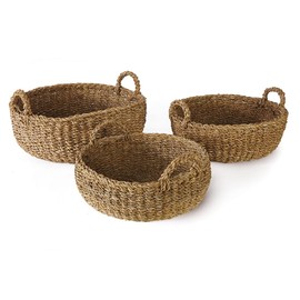 Napa Home & Garden Natural Seagrass Shallow Baskets with Handles - Set of 3 - Soft Supple and Beautifully Textured Storage Solutions Natural