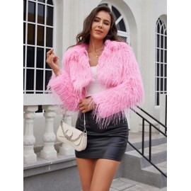 NATRUNSOO Pink Fur Jackets for Women Casual Cropped Jacket Furry 2024 Spring Fashion Open Front Short Shaggy Coat Pink XL