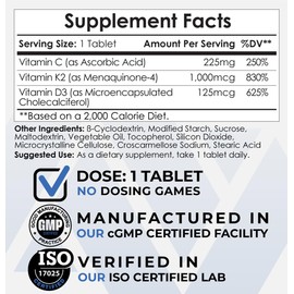 Nootropics Depot Nootropics Depot Vitamin D3 + K2 with Vitamin C Tablets | 60 Count | Cholecalciferol + Menaquinone-4 (MK-4) | Mood, & Bone Health | Healthy Calcium Absorption