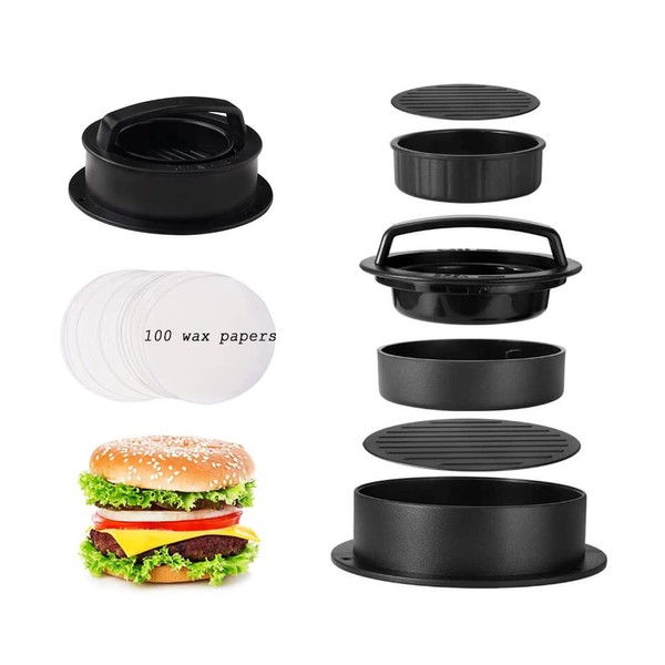 Burger Press with 100 Wax Paper Sheets, 3 in 1 Nonstick Hamburger Press Patty and Burger Maker Kit for Different Sizes, Stuffed Burger Patty, Beef Burger for Delicious BBQ Grilling Burgers, Black