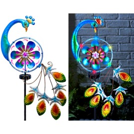 Yard Decorations Outdoor for Wind Spinner, Peacock Solar Outdoor Lights, 41Inch Metal Lawn Wind Spinners Outdoor, Multi-Color Rotating Windmill for Yard, Wind Sculptures & Spinners for yard and garden
