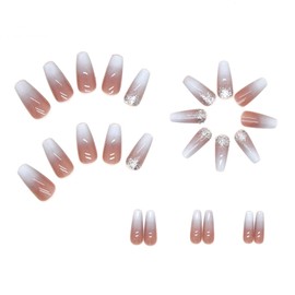 24pcs Short Coffin False Nails White Pink Stick on Nails Gradient Press on Nails with Glitter Sequins Removable Glue-on Nails Fake Nails Acrylic Full Cover Nails Women Girls Nail Art Accessories