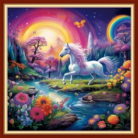 Joyhoor - Kits de punto de cruz con estampado para principiantes, kits de bordado para adultos, kits de bordado de 11 quilates, diseño de bordado impreso, unicornio arcoíris, 18 x 18 pulgadas
