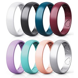 Qinaoco Silicone Rings for Women - Heart [I Love U] Pattern Airflow Inner Grooves Breathable Rubber Wedding Ring Silicone Wedding Bands for Women - 8 Rings / 4 Rings