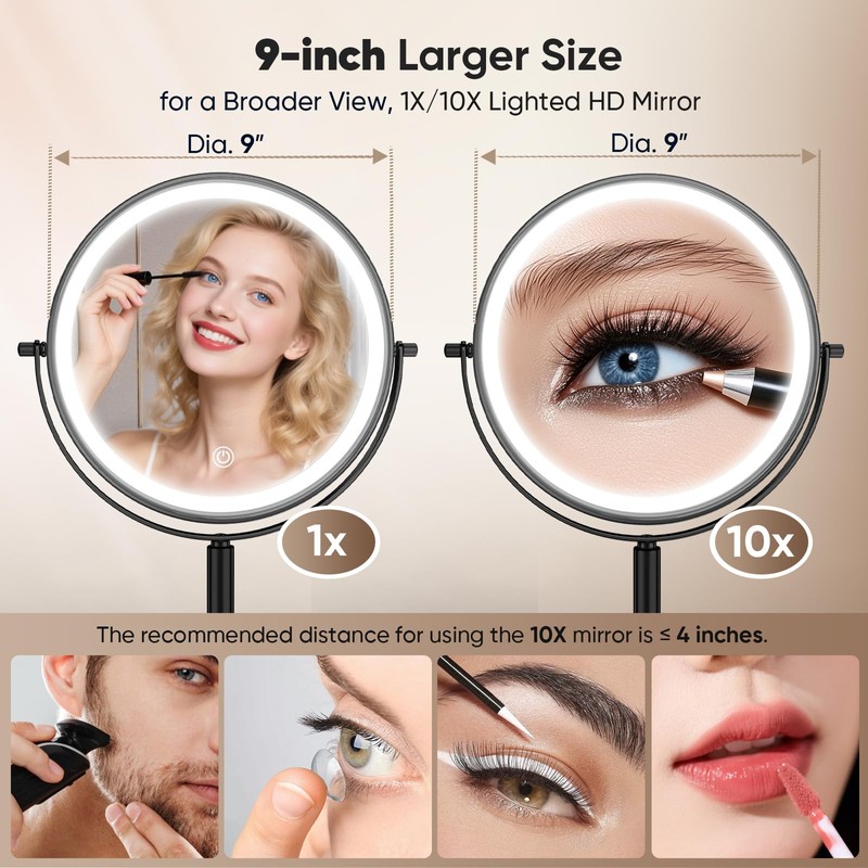 Professional 9" Lighted Makeup Mirror with 1X/10X HD Magnification –