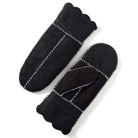 YISEVEN Women’s Winter Sheepskin Leather Shearling Mittens Soft Thick Furry Lambskin Fur Lined Warm Flip Cuffs for Cold Weather Dress Driving Work, Herringbone Black Suede Medium