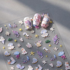 Ocean Nail Stickers for Nail Art - Rabbit Nail Art Stickers Summer Starfish Shell 5D Embossed Nail Decals Self-Adhesive Nails Supply Manicure Sliders Fish Sticker for Women Girls DIY