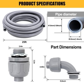 Wocloer Liquid-Tight Conduit, 1-1/4 inch 25 Foot Flexible Non Metallic Electrical Conduit and Connector Kit,With 4 Straight and 2 Angle Fittings
