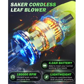 Saker Cordless Leaf Blower Handheld Blower Portable Dust Cleaner 180000 RPM with Adjustable Speed for Drying Patio Cleaning Camping 2 Batteries Green with Case