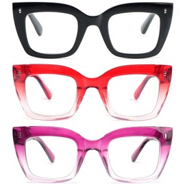 REAVEE 3 Pack Oversized Reading Glasses for Women, Blue Light Blocking Readers Stylish Large Frame Extra Wide Thick Eyewear, Black/Red/Purple 0.0