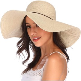 Lanzom Womens Wide Brim Straw Hat Floppy Foldable Roll up Cap Beach Sun Hat UPF 50+
