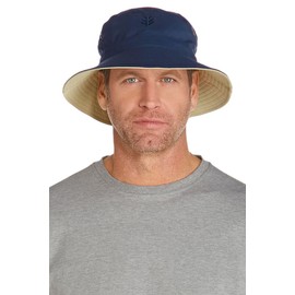 Coolibar UPF 50+ Men's Women's Landon Reversible Bucket Hat - Sun Protective (XX-Large- Tan/Navy)