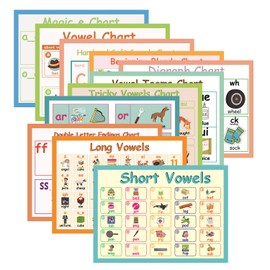 Pack of 11 English Phonics Posters | Vowels Consonants Basic Phonics Poster | English Phonics Language Arts Skills Charts, Lamination 8.47 x 11.8 Inches