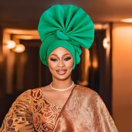 Fashionable Nigerian headwear,floral decoration,Urban hat,monochrome elastic pleated women's hat (Green)