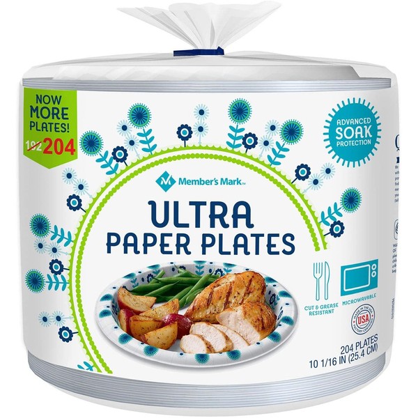 Members Mark 10 1/16 in Ultra Plates, White, Blue, Green, 204 Count (Pack of 36) (980076970)