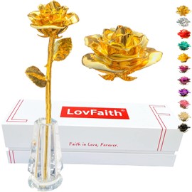 LovFaith Valentine Gift Real Rose Dipped 24K Gold with Crystal Stand, Best Anniversary Rose Gift for Her Wife Mother Birthday Christmas (B1. Deluxe Thick Gold -Blooming)