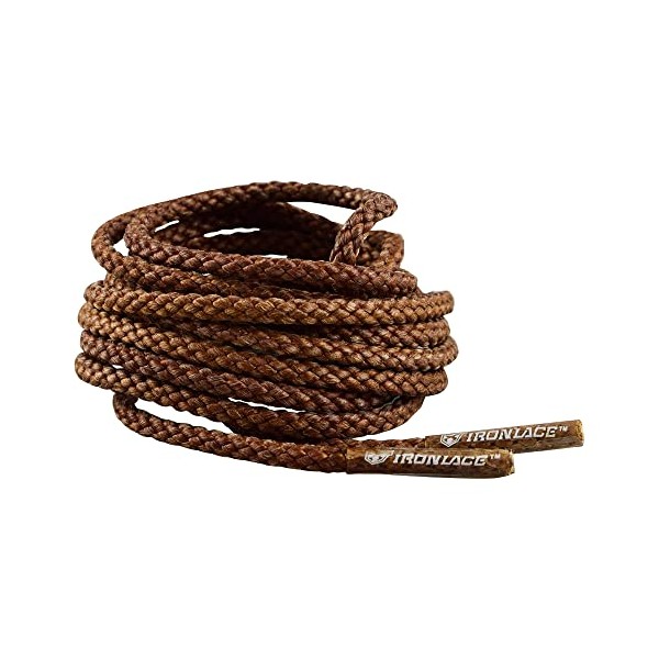 IRONLACE Unbreakable Round Bootlaces - Indestructible, Waterproof & Fire Resistant Boot & Shoe Laces, 1500-Pound Breaking Strength/Pair, Brown, 108-Inch, 3.2mm Diameter, 1-Pair
