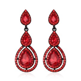 BriLove Bridal Wedding Earrings for Brides Bridesmaid, Rhinestone Crystal 3 Layer Teardrop Dangle Drop for Women Pageant Party Prom Ruby Color Black-Tone