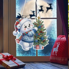 Bowetile Christmas Diamond Art Hanging Kits for Adults Kids, Diamond Art Suncatchers Polar Bear, 5D Special Shape Diamond Painting Pendant Window Ornament Christmas Gifts for Home Door Wall Decor
