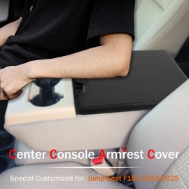 LEXLEY Center Console Lid Cover Leather Protector Covers For Ford 2015-2025 F150 40/20/40 Jump Seat Console Accessories-Black Stitches,With "F150" LOGO