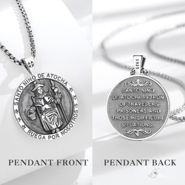 EUDORA S925 Sterling Silver Santo Niño de Atocha Necklace for Women Men, Vintage Holy Infant of Atocha Pendant Christian Medal for Protection Faith Jewelry Gifts for Women Mens, 22"+2"