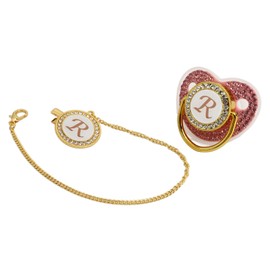 Focket Chupete de Silicona, Chupete Personalizado de 26 Letras con Clip para Chupete, Chupete Seguro para Recién Nacidos con Diseño Curvo y Pedrería, para Bebés Amamantados, Niñas, Casa (Letra R)