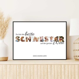 GRAVURZEILE Holzschild mit Foto - Familie Design - Personalisiert mit Namen und eigenen Fotos - Personalisiertes Foto Geschenk zum selbst gestalten für Sie & Ihn - DIN A4 Format - Farbe: Schwester