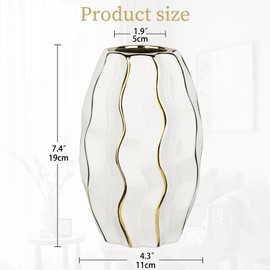 Oairse Modern Vase for Flowers 19cm Gold White Ceramic Flower Vase For Decorative Wedding Party Home Vases Décor Table Centerpieces Mantel Shelf Office Living Room Bedroom Decoration