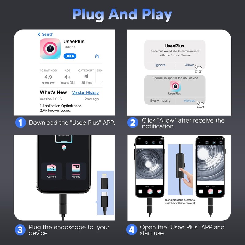Endoscope Borescope with 8+1 Adjustable LED Lights, 11.5/16.4 FT Semi-Rigid