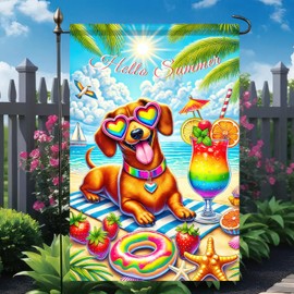 BlissYard Summer Beach Dachshund Dog Garden Flag 12x18 Double Sided Welcome Dog Sunglasses Garden Yard Flags for Spring Summer Seasonal Outside Outdoor Decor