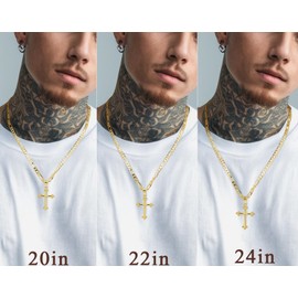 Chantel Yorke Gold Cross Necklace 14K Gold Cross Necklaces for Men Crosses Pendant Necklace for Men Luxurious Baroque Style with Figaro Chain Mens Crosses Chain Necklaces (20in)