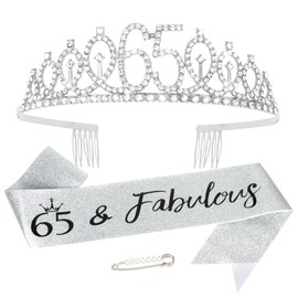 65th Birthday Sash and Crown for Women Silver 65th Birthday Tiara and Sash Set Gifts for Her 65 & Fabulous Sash Birthday Decorations Happy Birthday Crown and Sash Accessories Birthday Gift for Women
