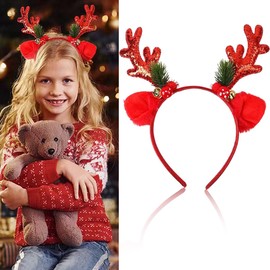 SARATA Christmas Headbands for Women Glitter Powder Bell Hair Hoop Elk Hair Band Reindeer Antlers Headband Women Girls Hair Access Headdress for Party 1PCS (Red)