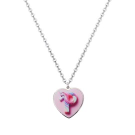 Initial Necklaces Heart Pendant Necklace, Silver Chain, Pink Heart Charm with Rainbow Design, Small, Metal, No Gemstone