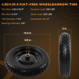 HQPASFY 2 Pack 14.5" Flat Free Tire 4.80/4.00-8 Wheelbarrow Tire and Wheel, 3" Centered Hub, 5/8" & 3/4" Bearings Replacement for Wheelbarrows, Garden Carts, Dump Carts, Lawn Equipment