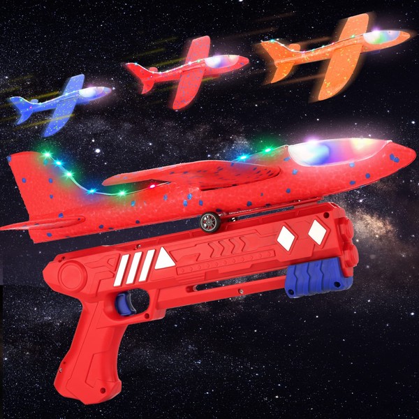 Airplane Launcher Toys, Light up Kids Airplane Toys,2 Flight Mode Foam Plane Toy with Launcher for Kids,Outdoor Flying Toys for Boys Girls 6 7 8 9 10 11 12 Year Old(3 Packs)