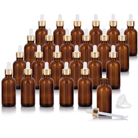 2 oz / 60 ml Amber Glass Boston Round Empty Bottle Containers with Gold Metal and Glass Dropper (24 pack) + Funnel