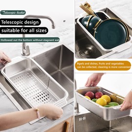 ZDRongZhen Kitchen Supply-Over the Sink Colander Strainer Basket Stainless Steel Retractable Kitchen Sink Basket -Wash Vegetables and Fruits, Drain Pasta and Dry Dishes,Extendable (Medium Silver)