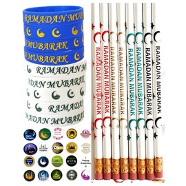Ramadan Mubarak 49 Pcs-Pencils-Wristbands Stickers(200) Kids Favorite Eid Favors Arabic Novelty Moroccan Egyptian Lantern Stickers Islamic Muslim Quran Gifts (Ramadan)